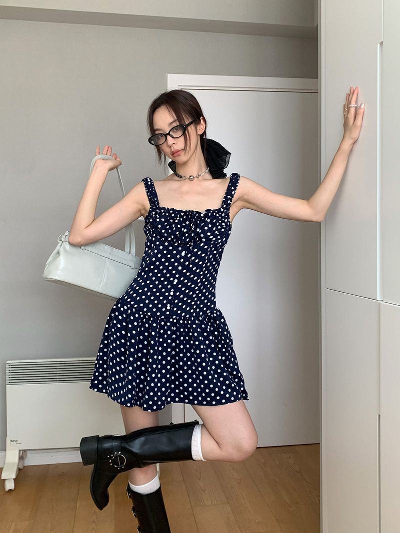 Navy Dotted Square Neck Flared Dress