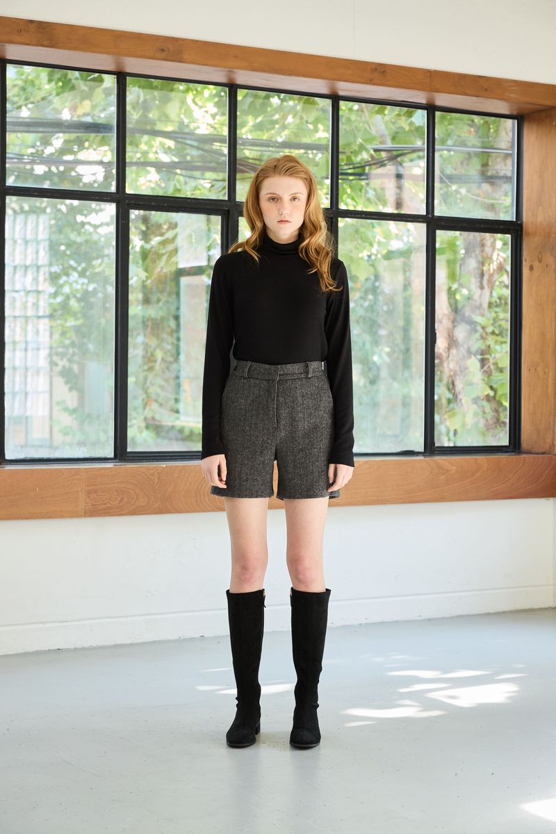 CLASSY HERRINGBONE WOOL SKIRT PANTS / CHARCOAL