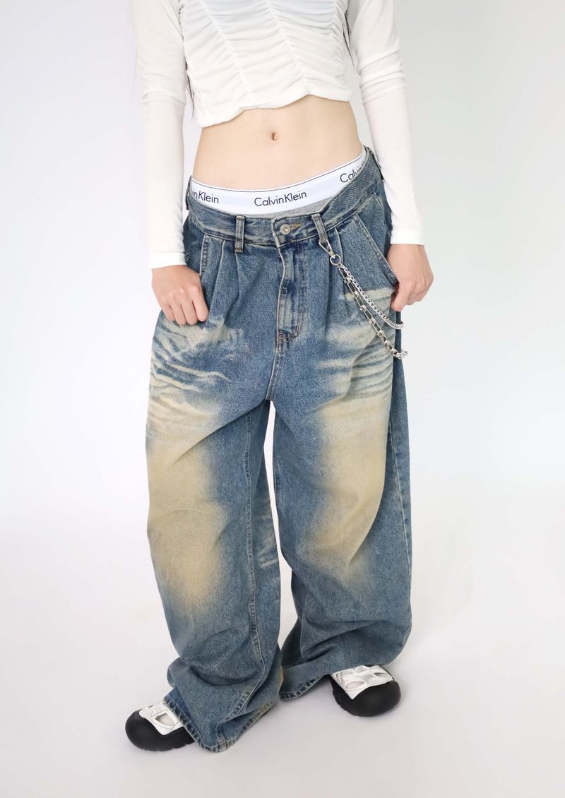 (UNISEX)Mud-Washed Wide Denim Pants
