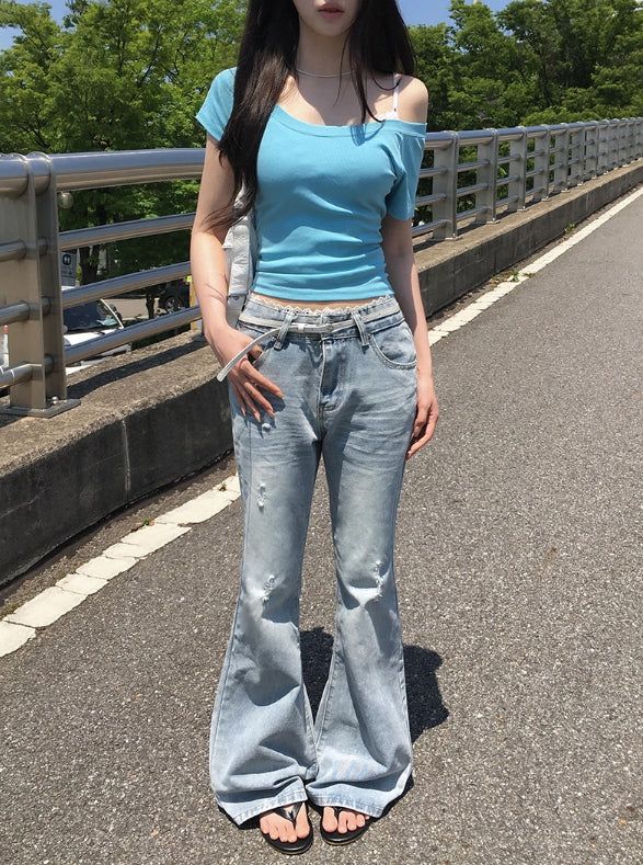 Naon Lace Washing Bootcut Denim Pants