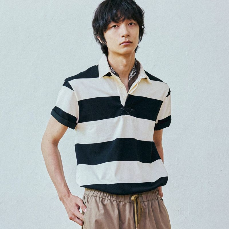 KND(ケイエンド)の「lazy club stripe rugby half shirt black(Tops)」