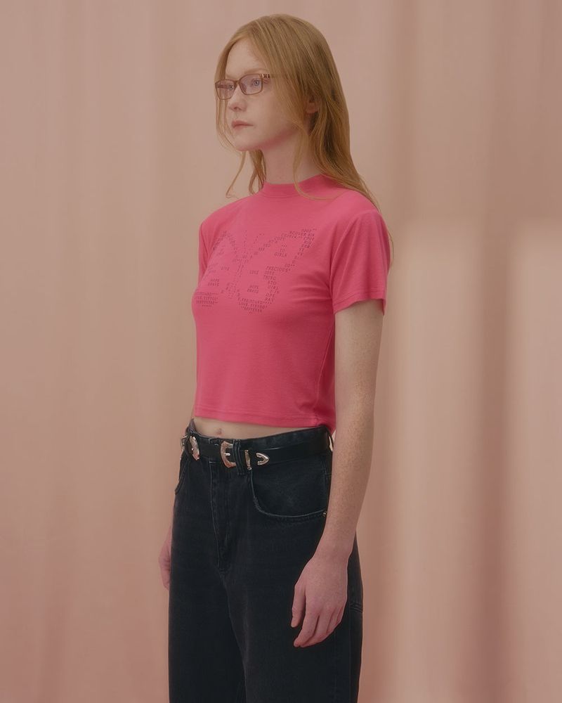 TEXT BUTTERFLY CROP TSHIRT-PINK