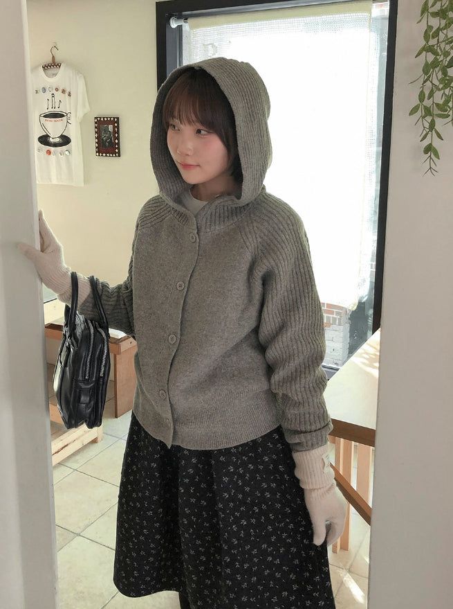 Higanne High Neck Angora Hood Knit Cardigan