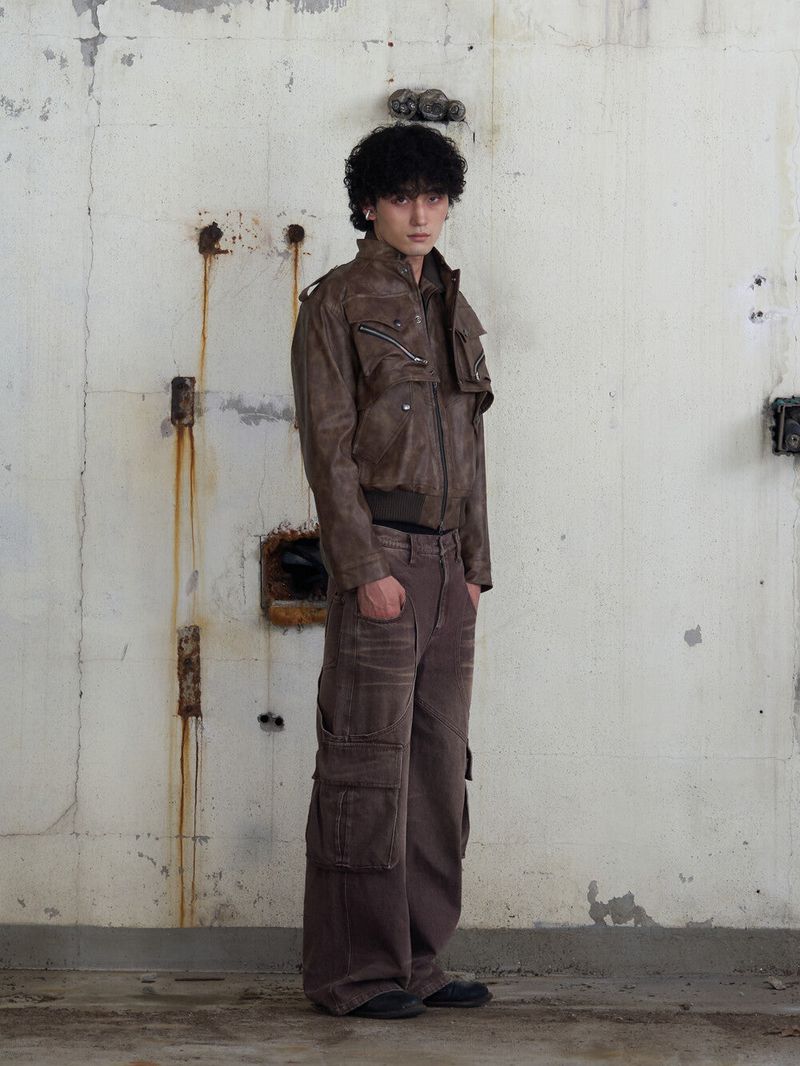 Leather Cargo 3way Jacket (Brown)