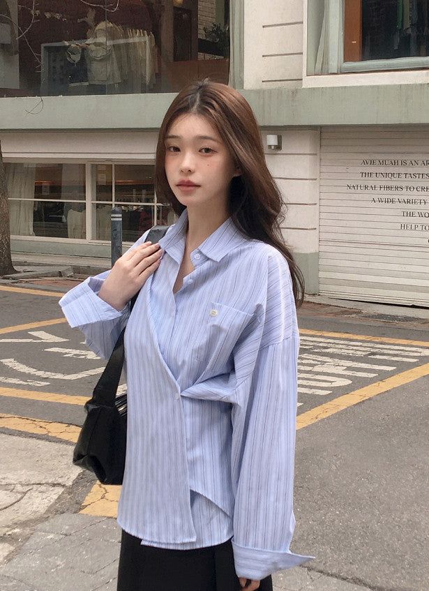 SHOPPERLAND（ショッパーランド）の「Today Loose Button Wrap Stripe Shirt (3color)（Tops）」