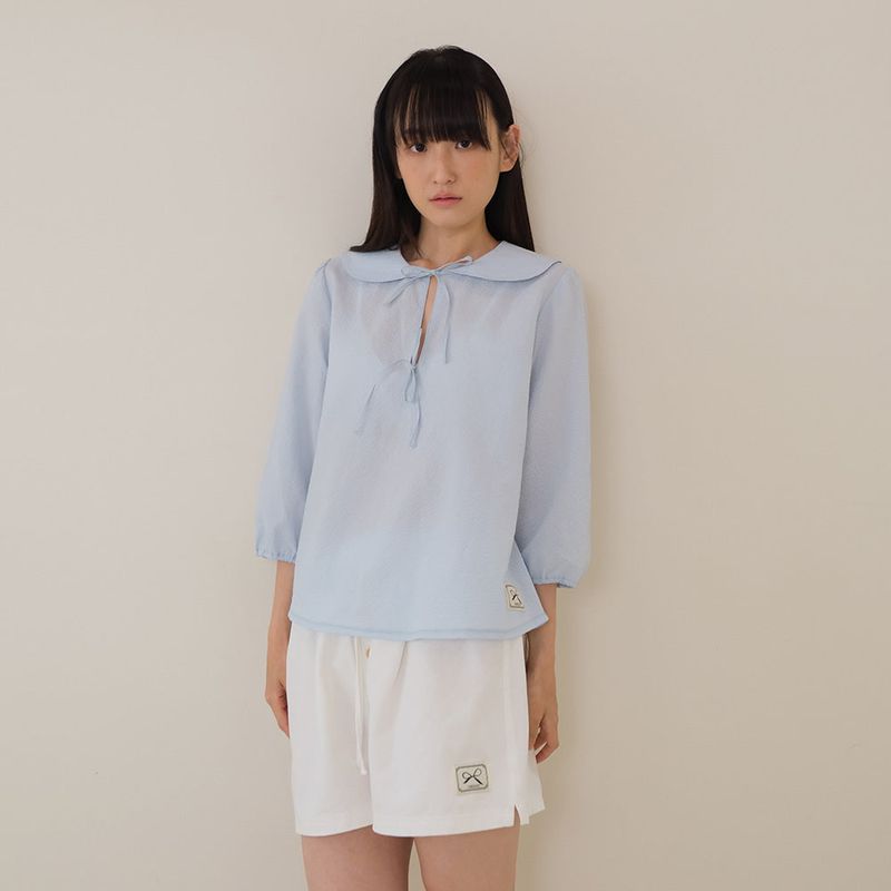 Sky Blue Seersucker Ribbon Blouse