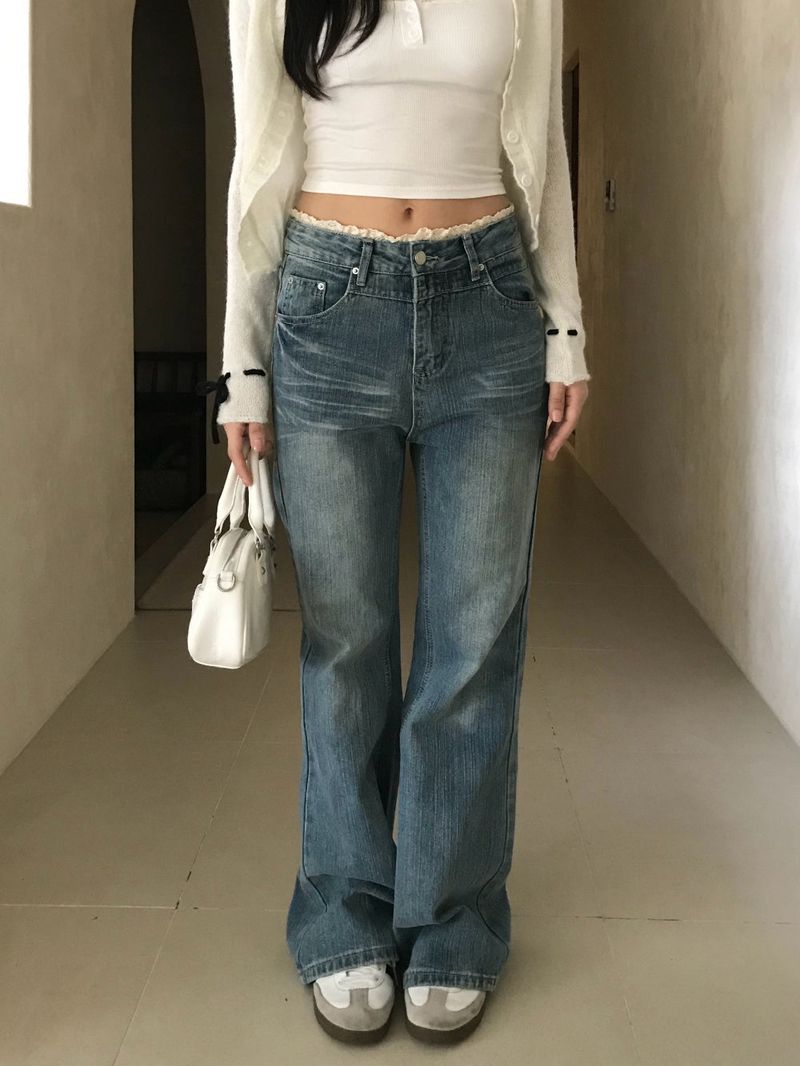 Pomel Lace Trimming Semi Bootcut Pants