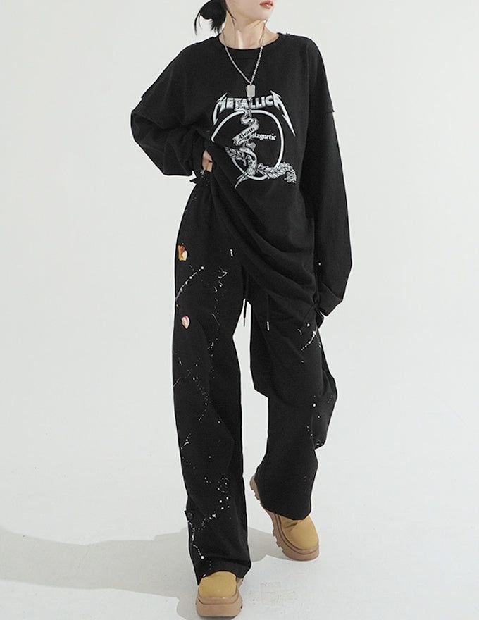Unique Painting Button Wide Pants