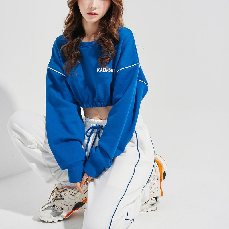Oversize Line Point Crop Sweat shirt Blue