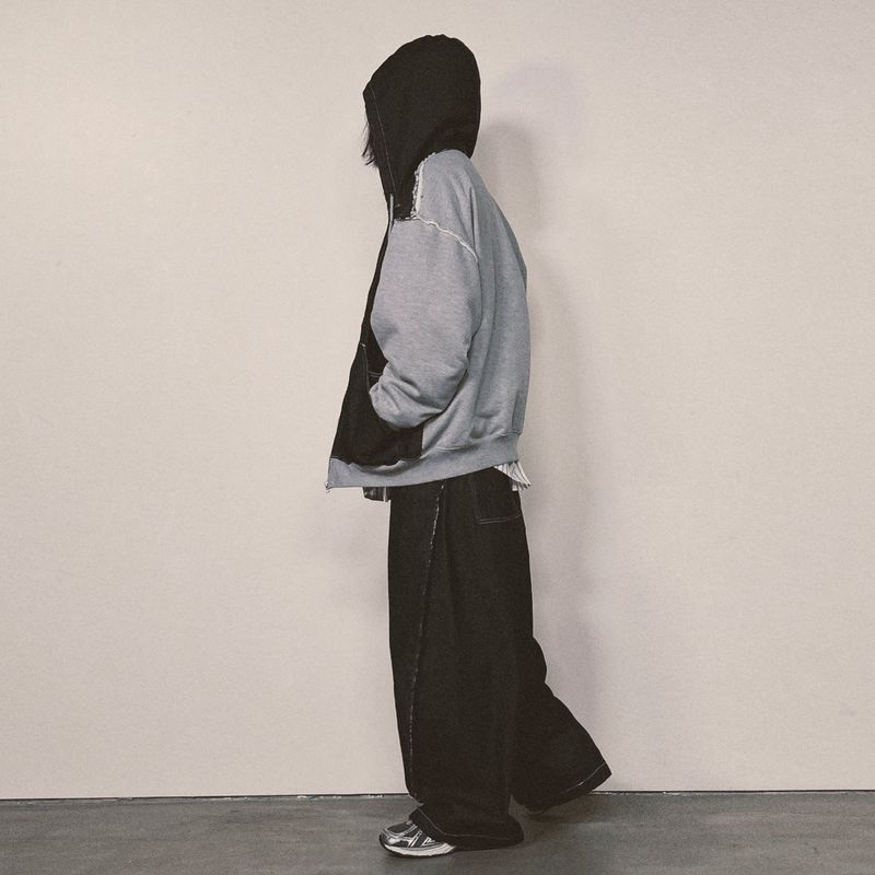 layered deconstructed denim pants_black