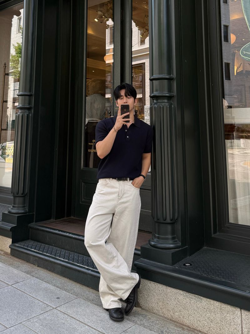 Pug herringbone semi-wide pants
