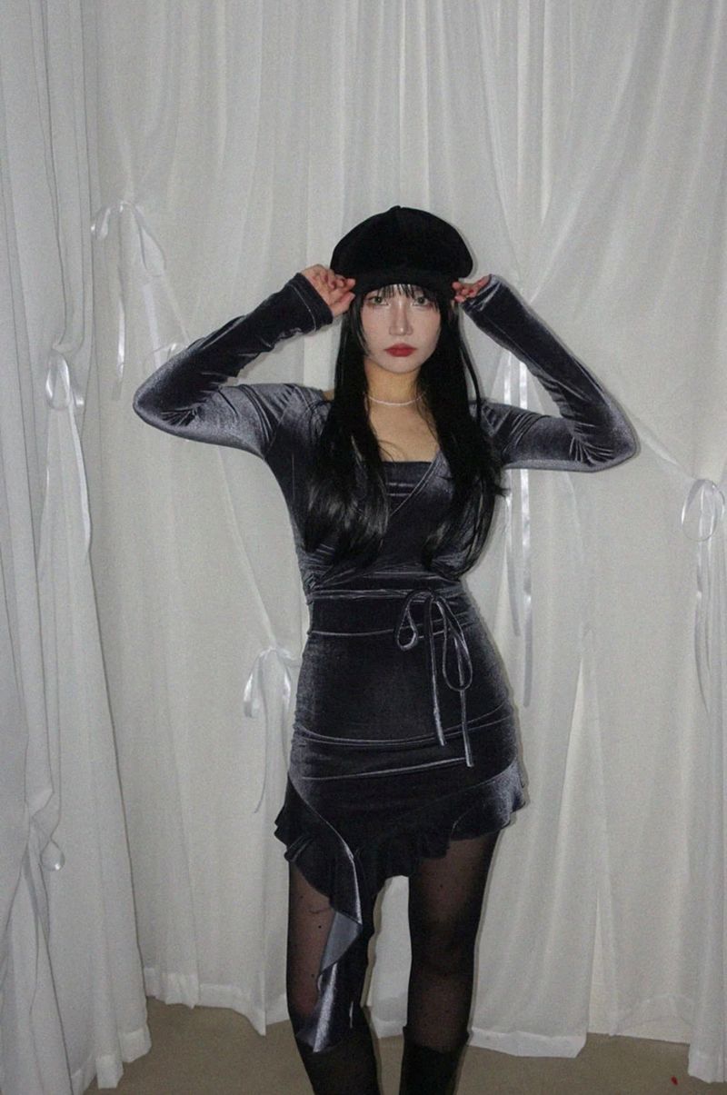 MOUSSE VELVET TUBE FRILL MINI DRESS WITH WRAP CARDIGAN SET (3COLORS!)