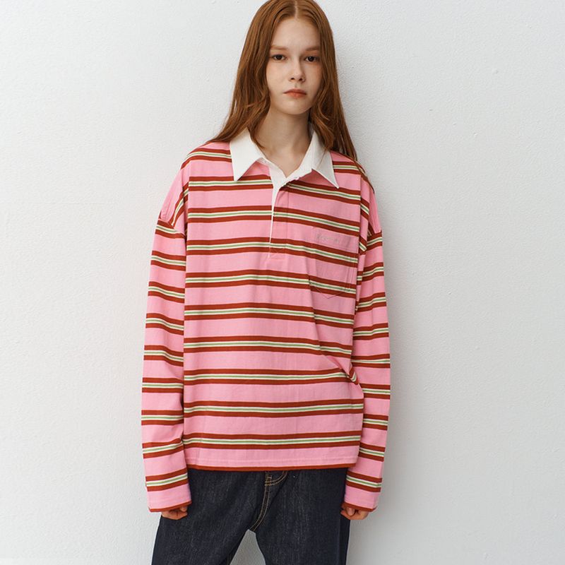 Oversized Stripe Collar T-Shirts_Pink