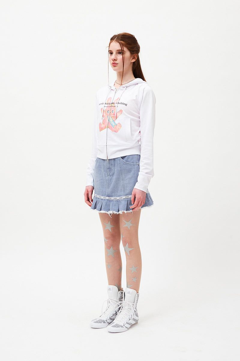 WITTY BUNNY SPLIT GRAPHIC CROP HOODIE ZIP UP [WHITE]