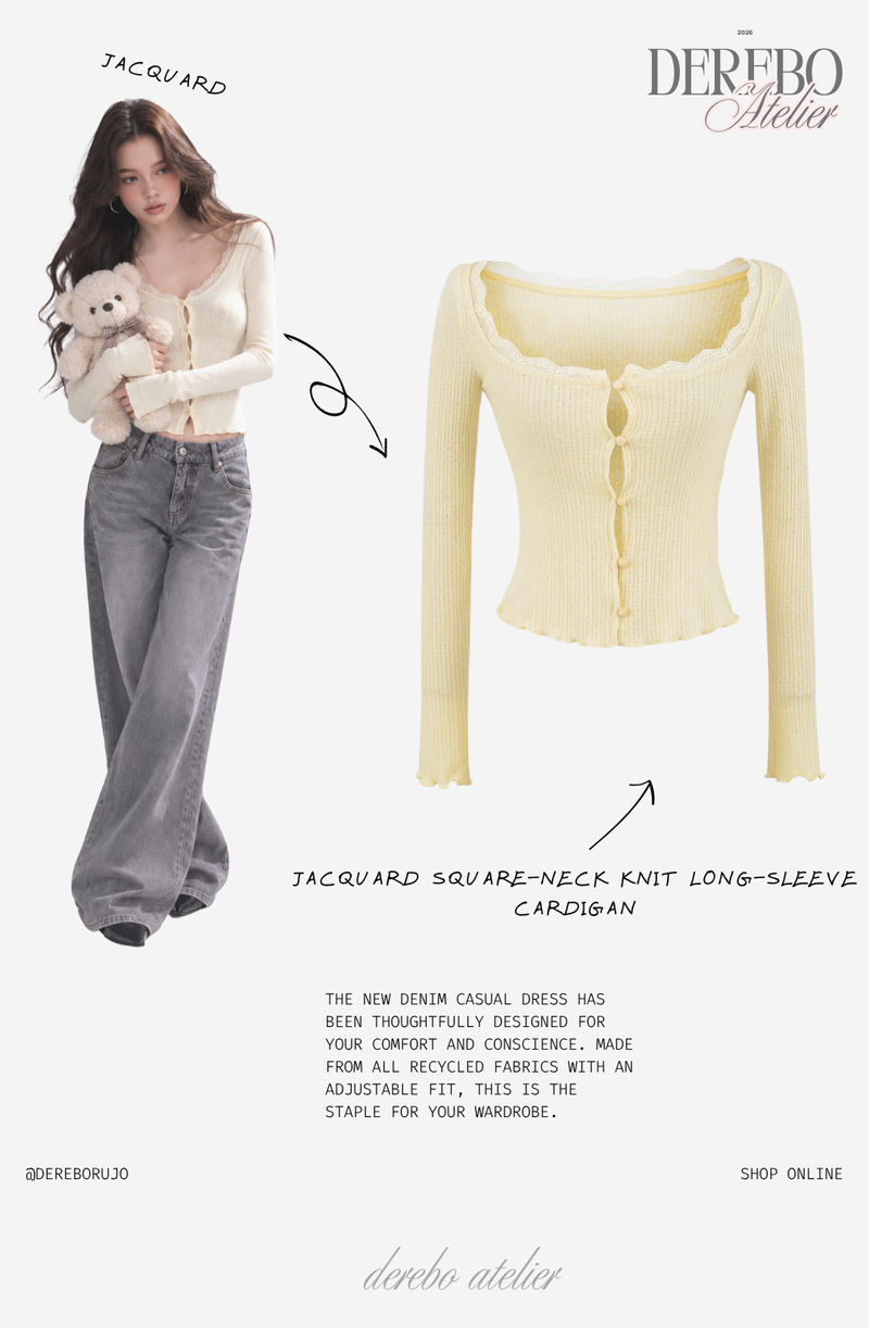 Jacquard square-neck knit long-sleeve cardigan