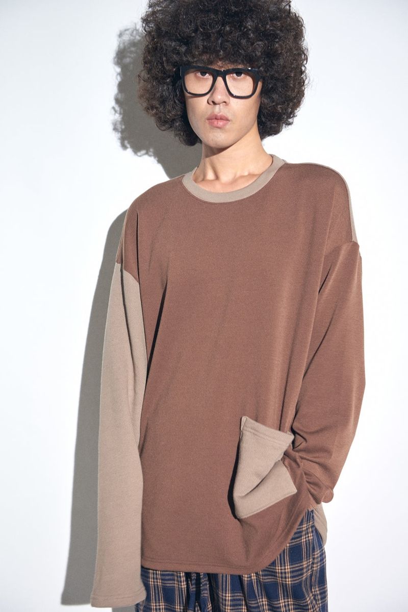 KNIT X TERRY COMBINATION POCKET TEE (Beige)