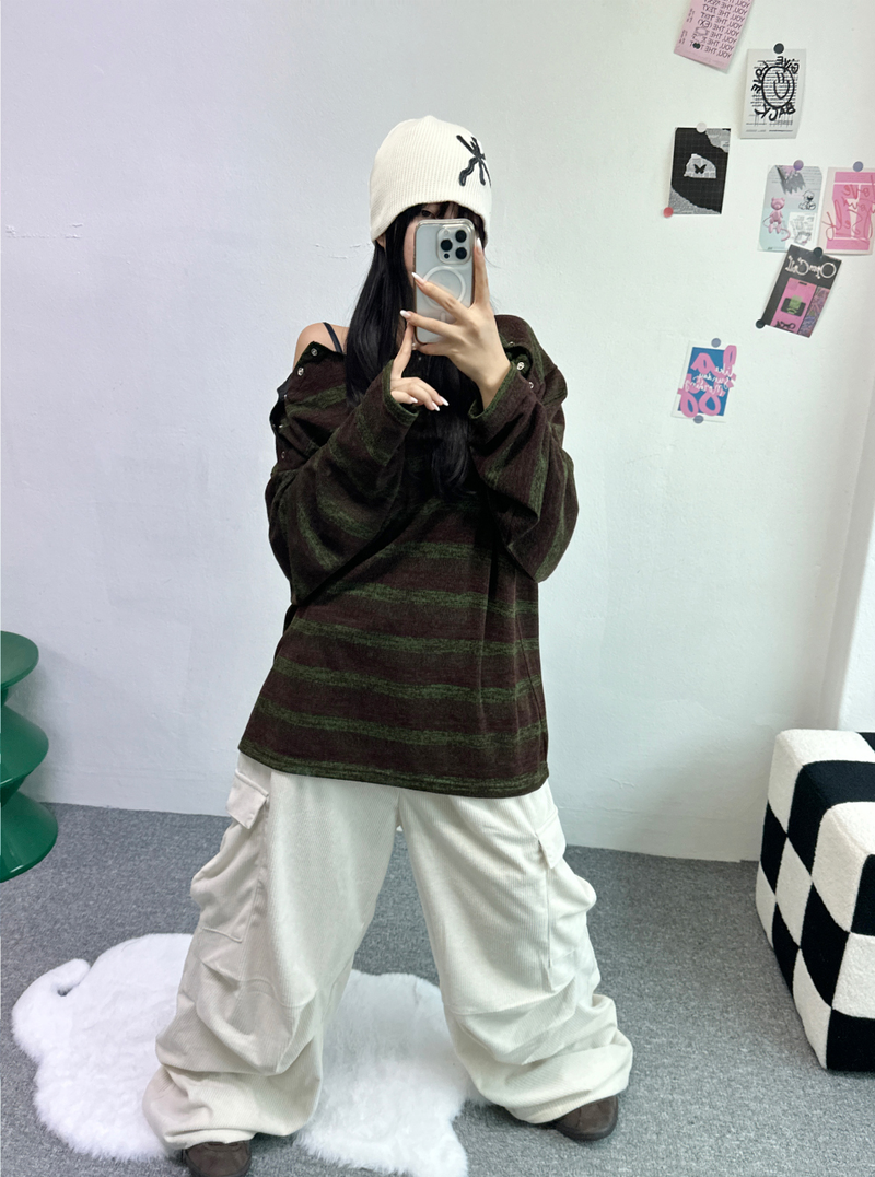 SHOULDER SNAP WARMER POINT STRIPED KNIT🤎🖤🧸 - 2 COLORS