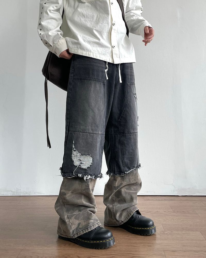 Destroyed Layered Camo Denim Pants