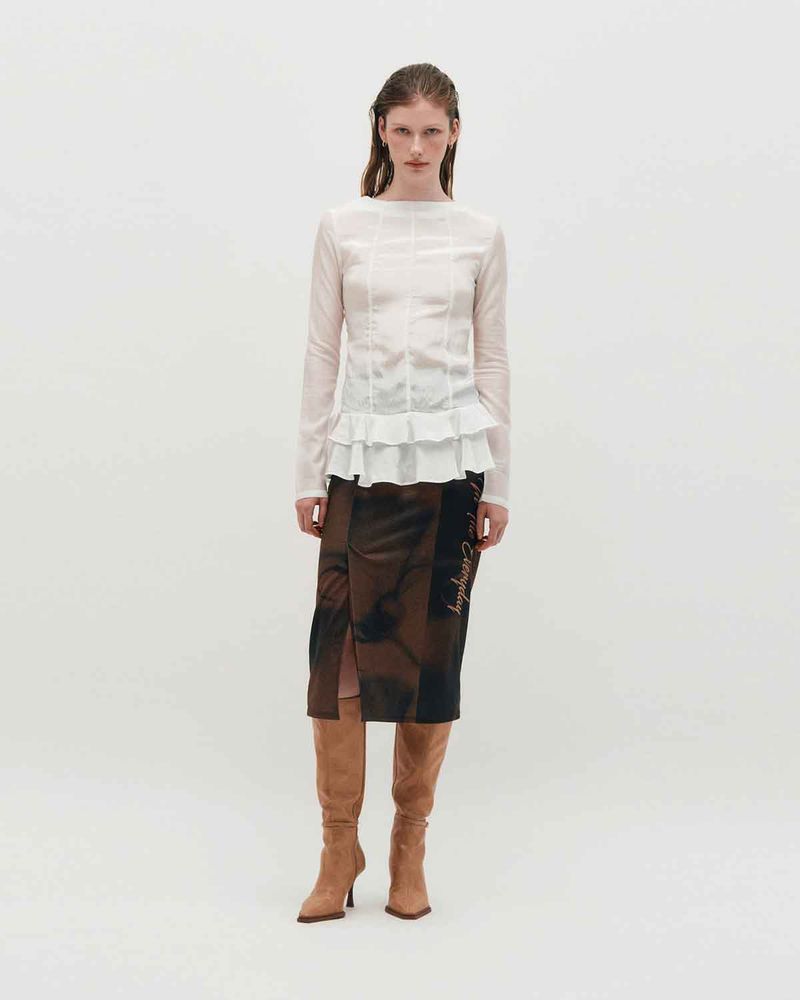 KIMZISU（キムジス）の「Embroidered Graphic Jersey Skirt _ BROWN（Skirts）」