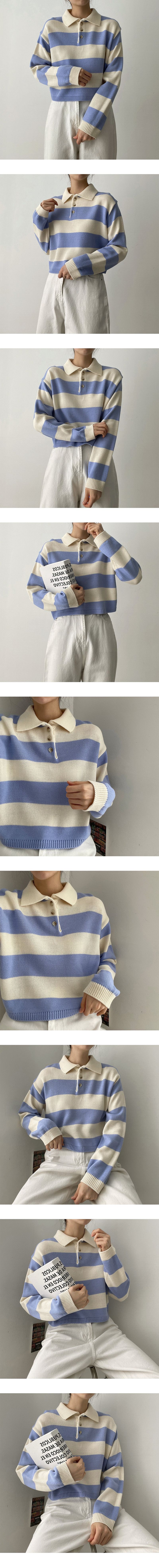 Color stripe button collar knitwear