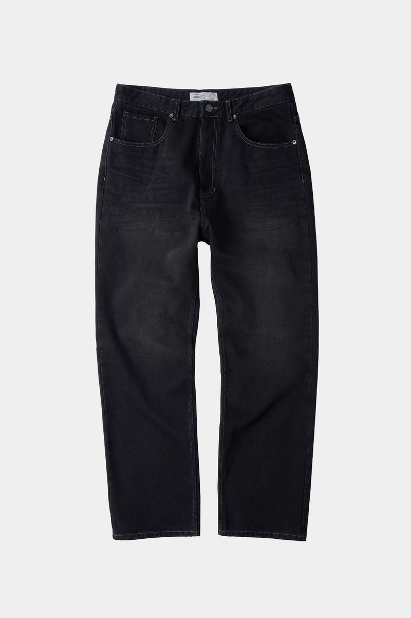 Loose Fit Tapered Denim Pants (Washed Black)