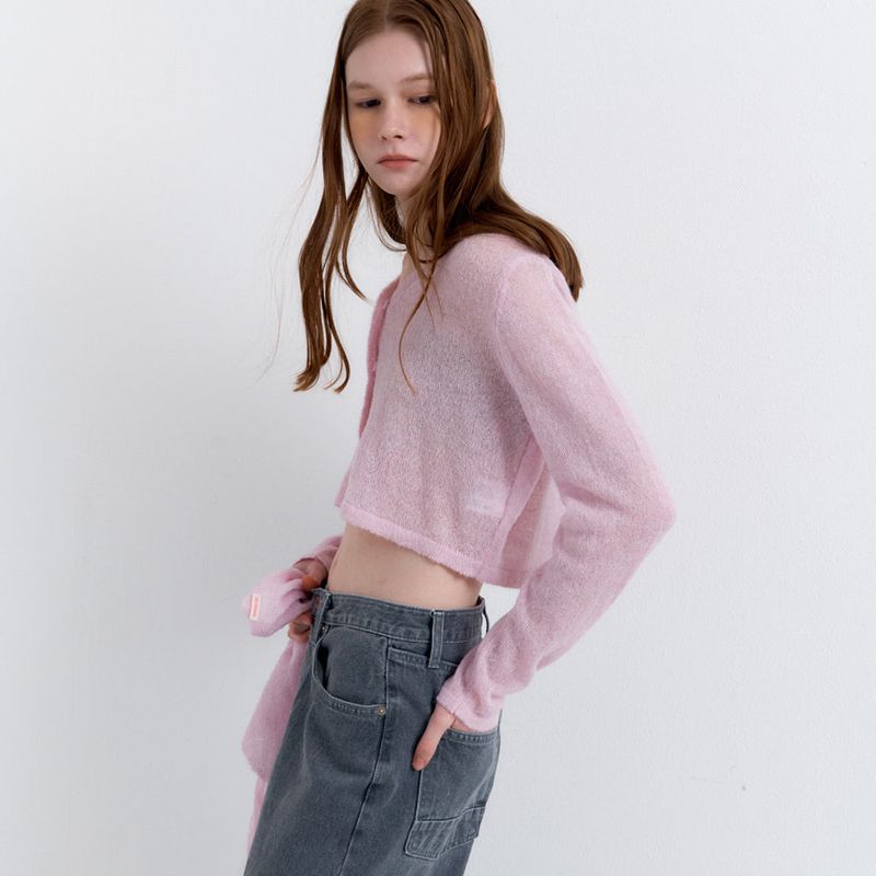 Scarf Set Cropped Knit Cardigan_Pink