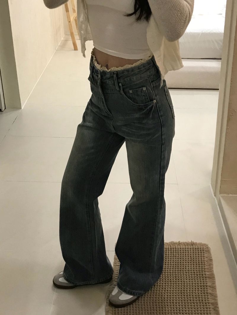 Pomel Lace Trimming Semi Bootcut Pants