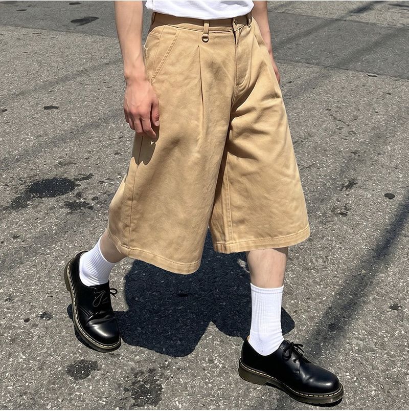 Wide Cotton Pleated Bermuda Shorts Beige