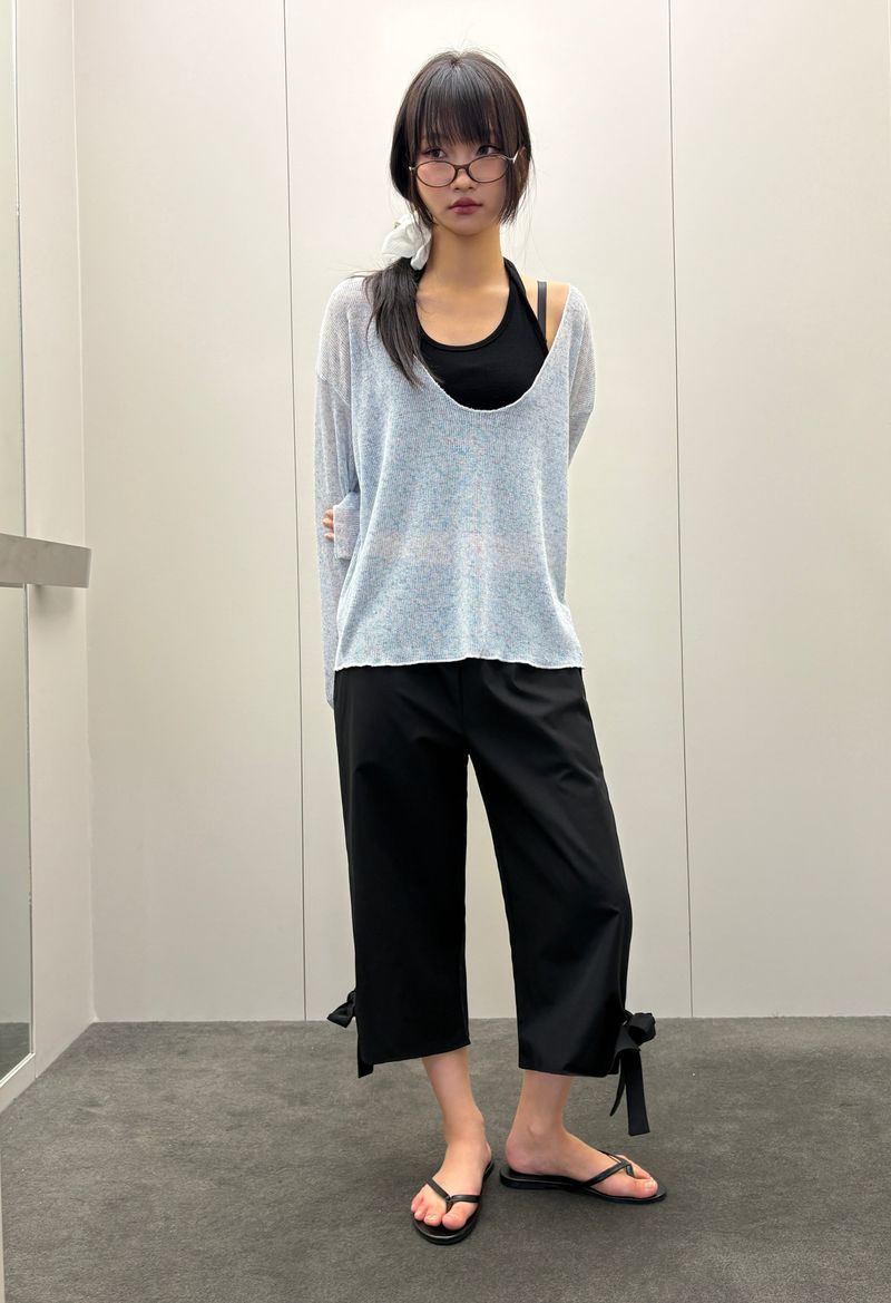Slacks Side Ribbon Relaxed Fit Capri Pants 2color