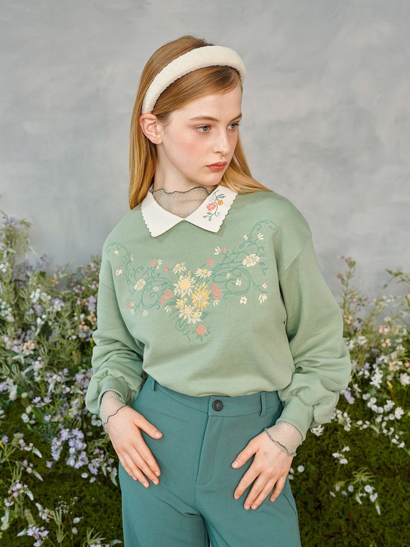 Flower Embroidered Collar Sweatshirt
