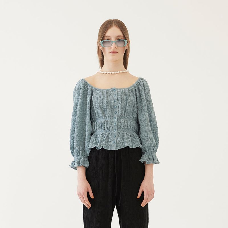 SHIRRING SQUARE BLOUSE (BLUE)
