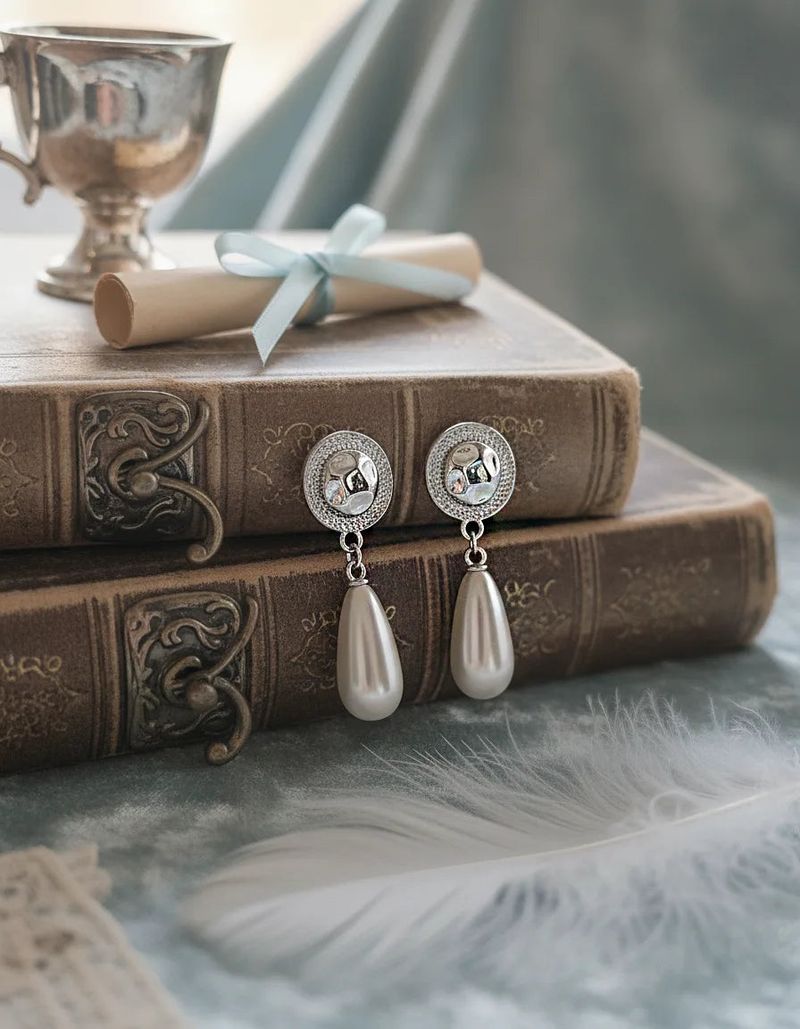 Ethnic Button and Long Pearl Earrings - Silver Color