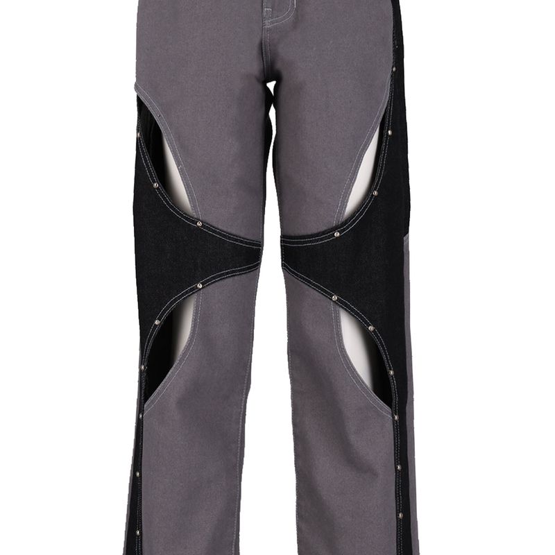 STUD GRAY CUT OUT DENIM PANTS