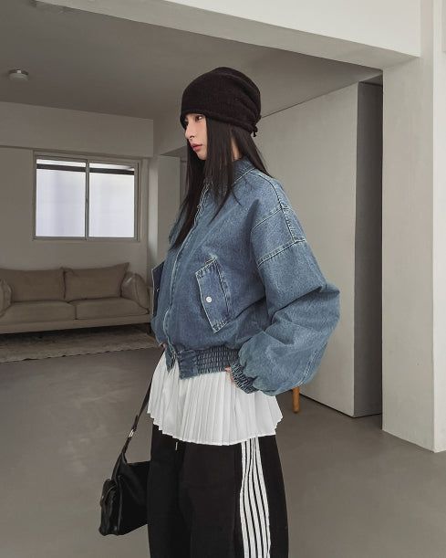Kanto incision denim two-way quilted flight jumper