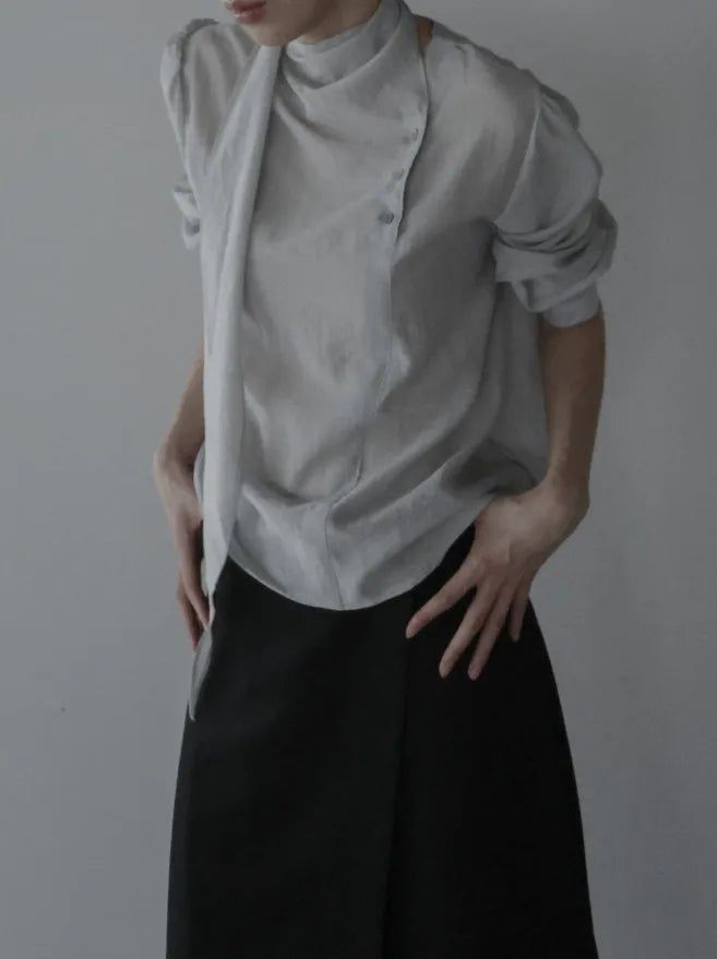 Noir Unbalance Button Scarf Blouse