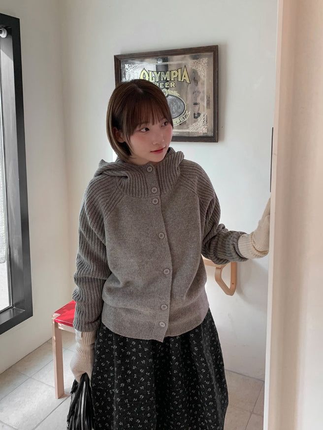 Higanne High Neck Angora Hood Knit Cardigan