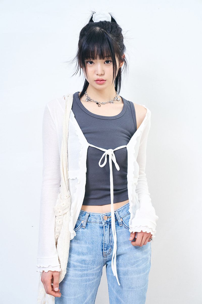 Raucohouse(ラウコハウス)の「Non-button frill ribbed cardigan(Tops)」