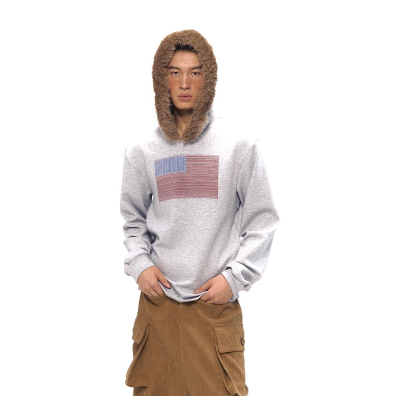 NyDkyel（ニデキエル）の「NyDkyel™ エラスティックソフトフィールファブリックミックスグレーアメリカンフード付きファーコラーホディ（トップス）」