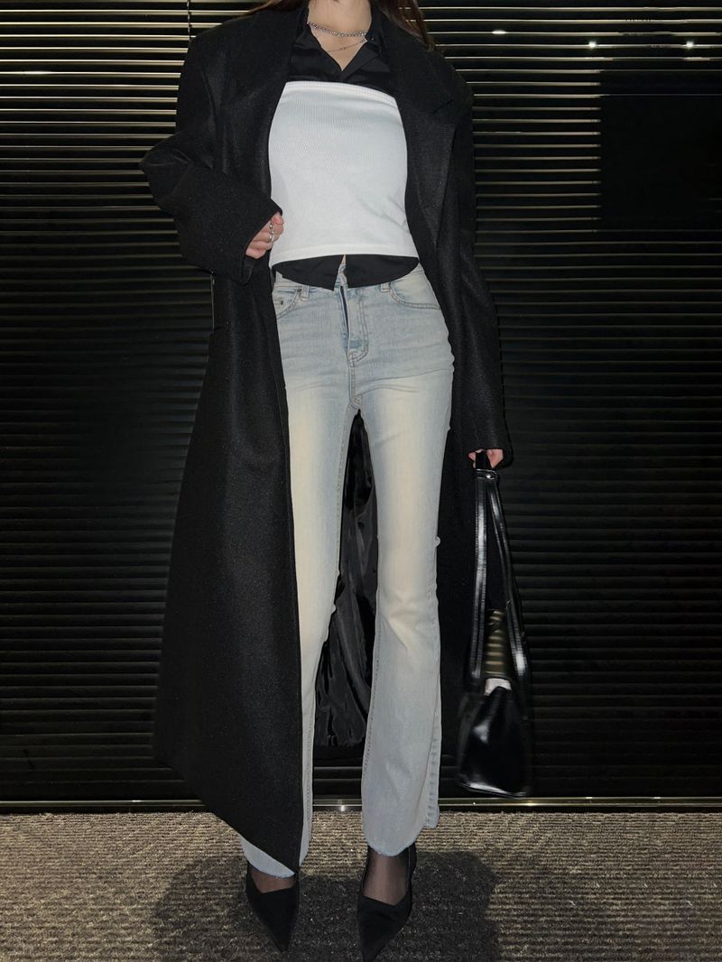 [UNISEX] Wool back button maxi long coat (Black)
