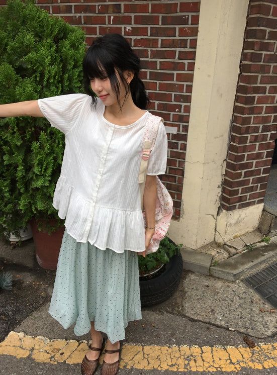 Roden Frill Cotton Balloon Short Sleeve Blouse