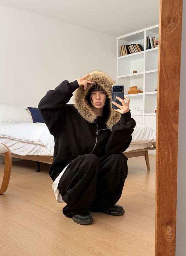 (Lining Brushed) STARRY FUR HOOD ZIP-UP