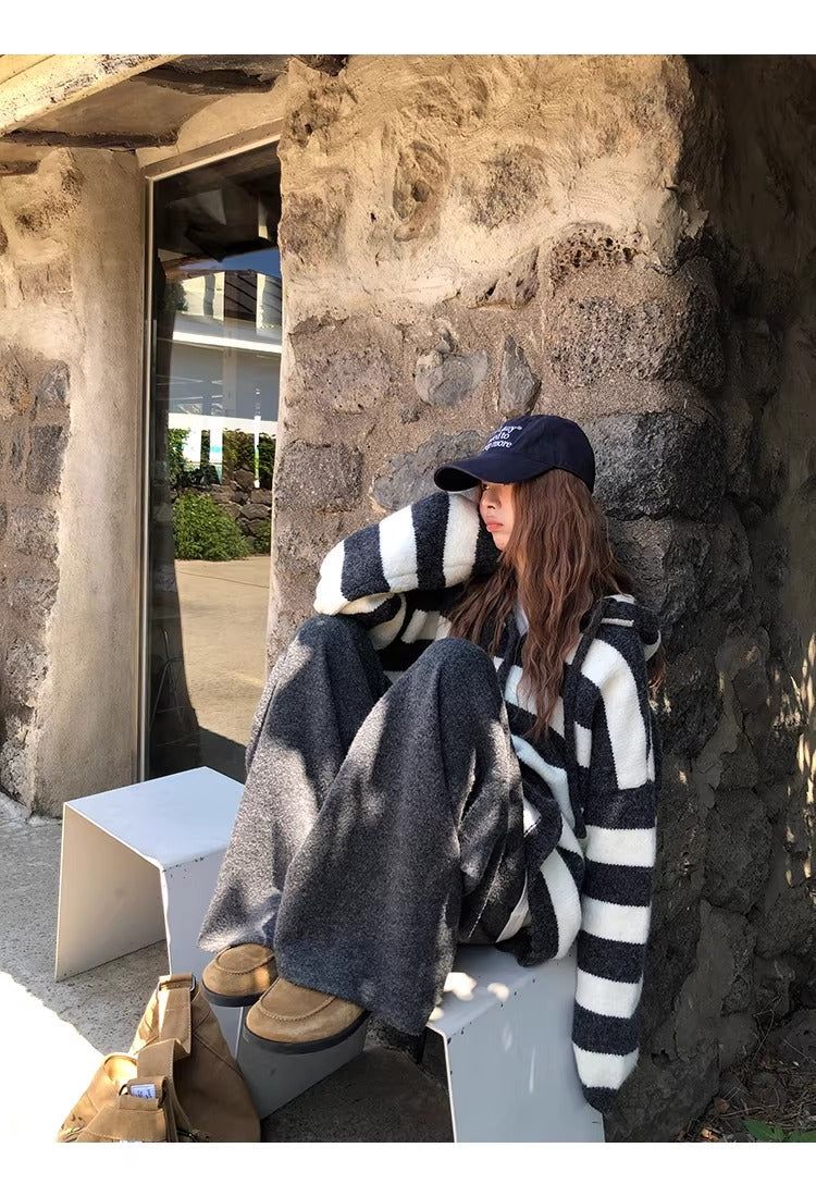 wool knit striped hooded over cardigan