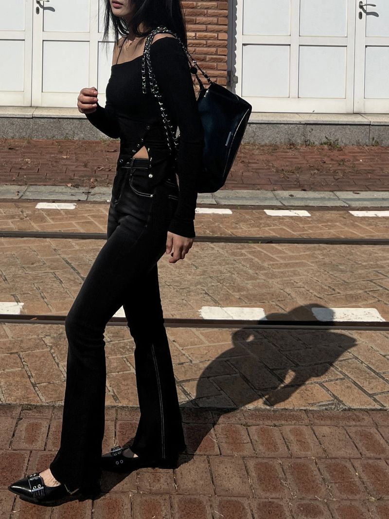 Color combination stitch gradient washed high waist spandex bootcut pants (Black)