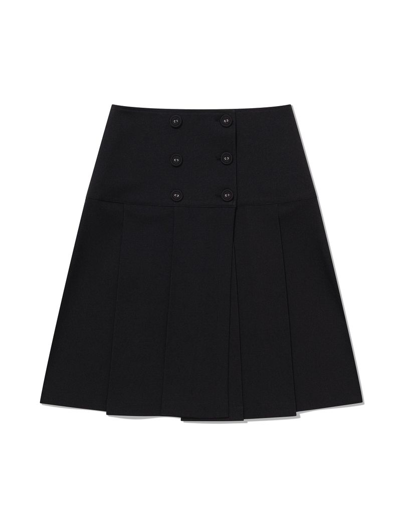 BUTTON DOUBLE PLEATED MIDI SKIRT(BLACK)