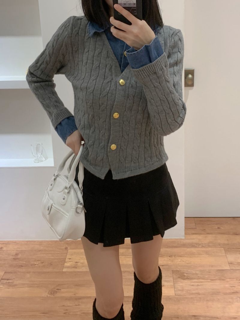 Perry Denim-Layer Cable Knit Long Sleeve Cardigan