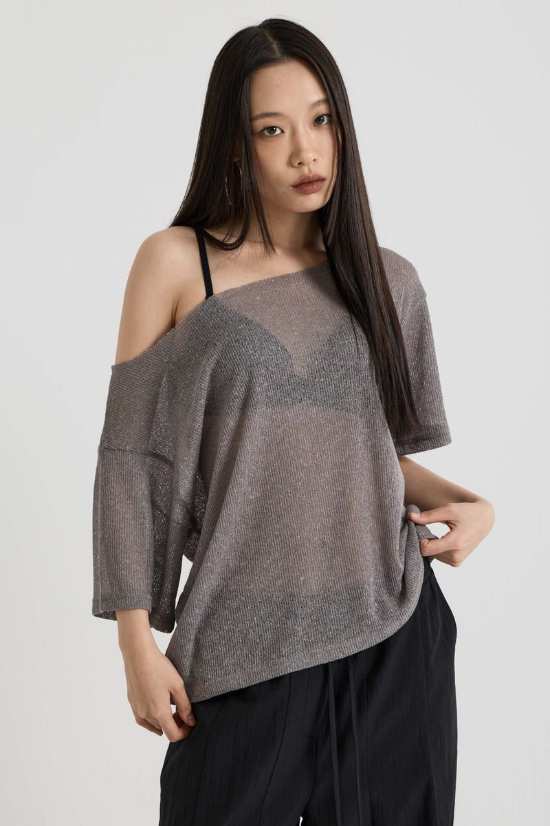 Knit one-shoulder t-shirt, Charcoal
