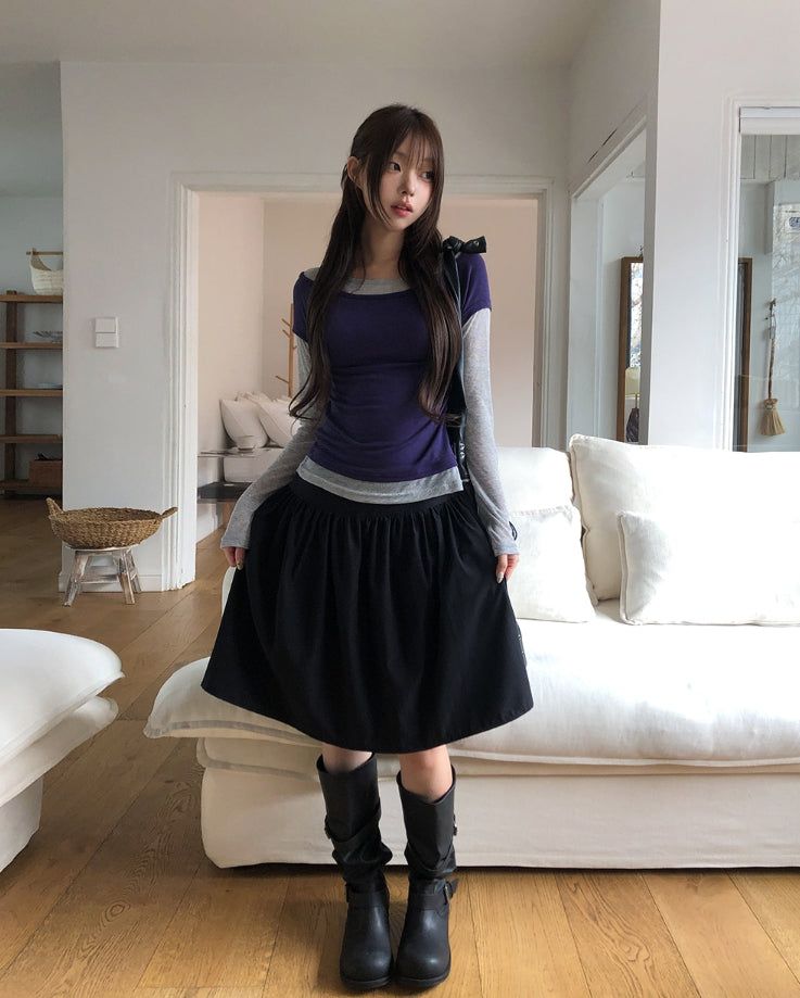 Huring Double Button Balloon Midi Skirt