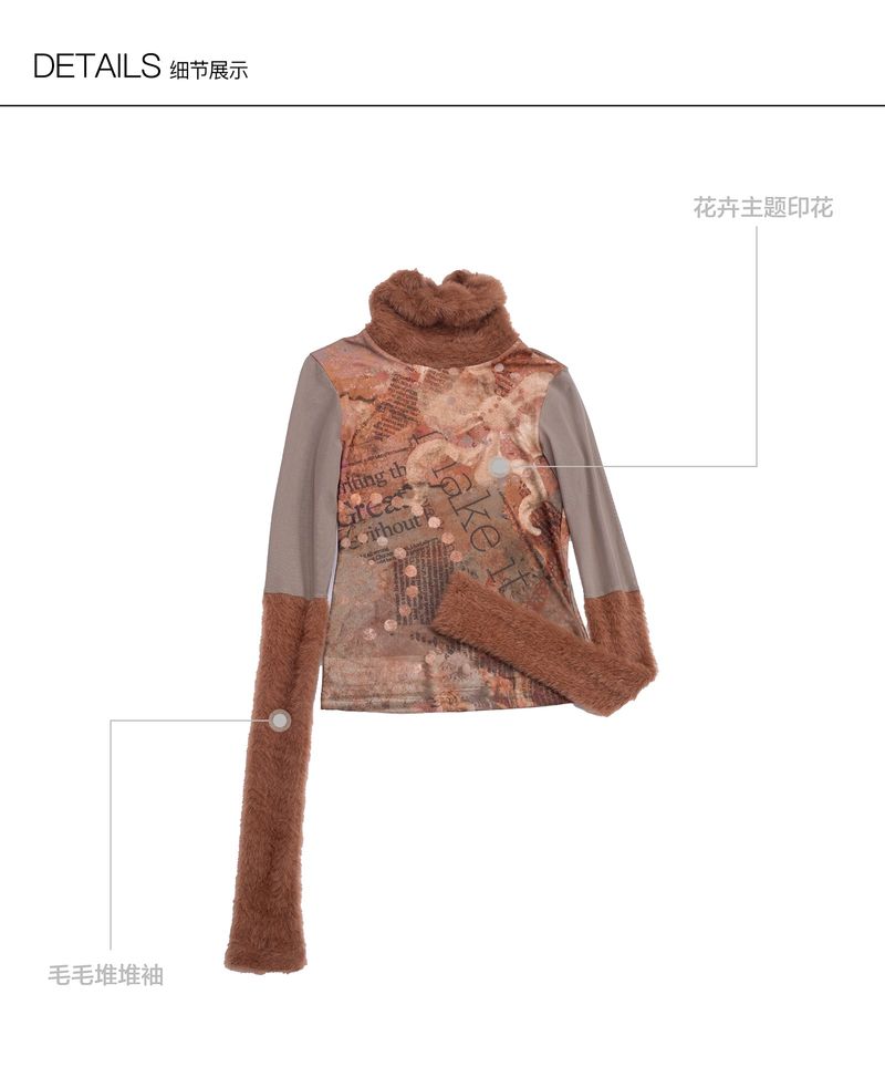 CONFUN original floral orange printed fur patchwork high-neck mesh base