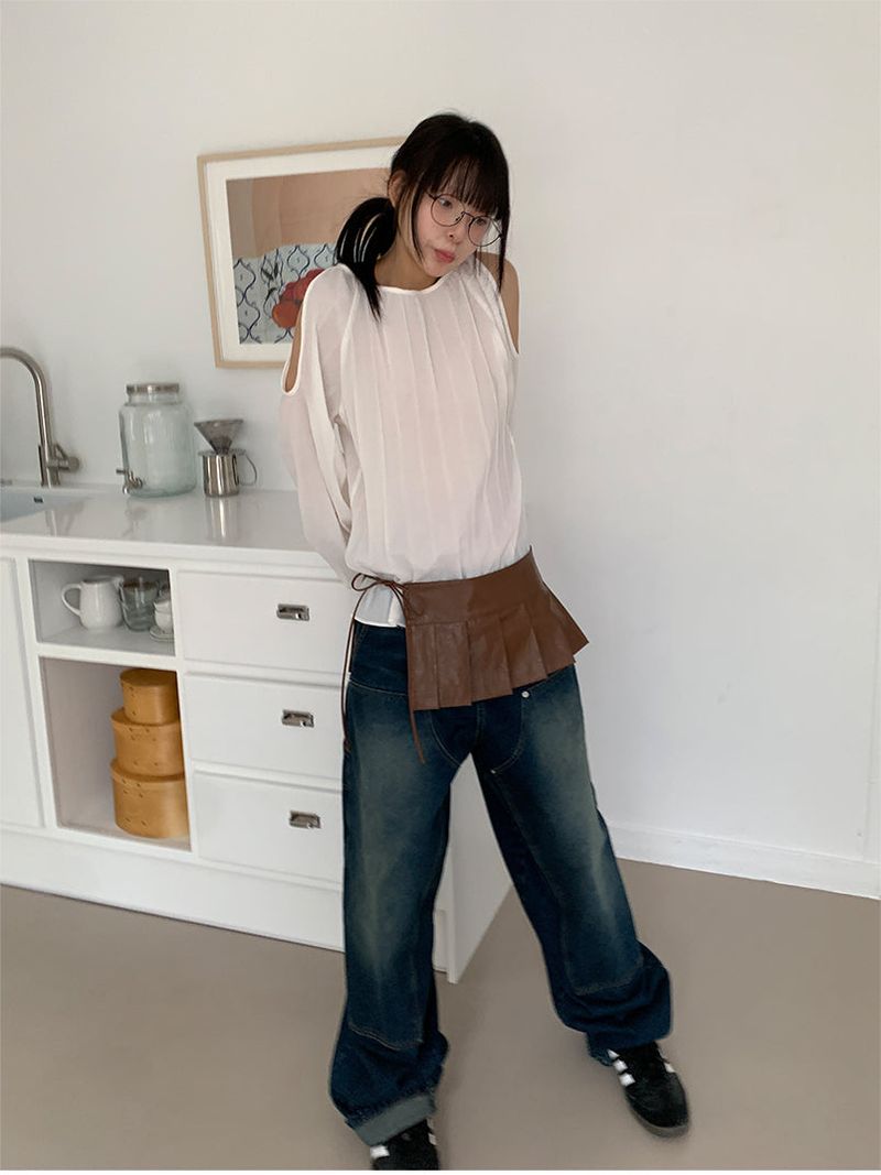 PLEATS LEATHER BELT SKIRT (2C)