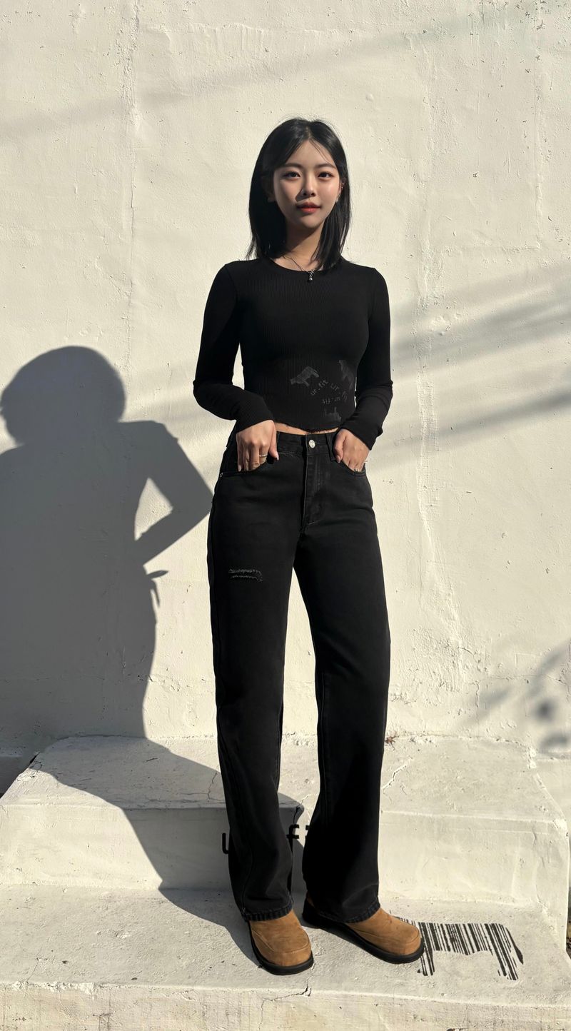 RIBBON SEMI-WIDE BLACK DENIM PANTS code 18318